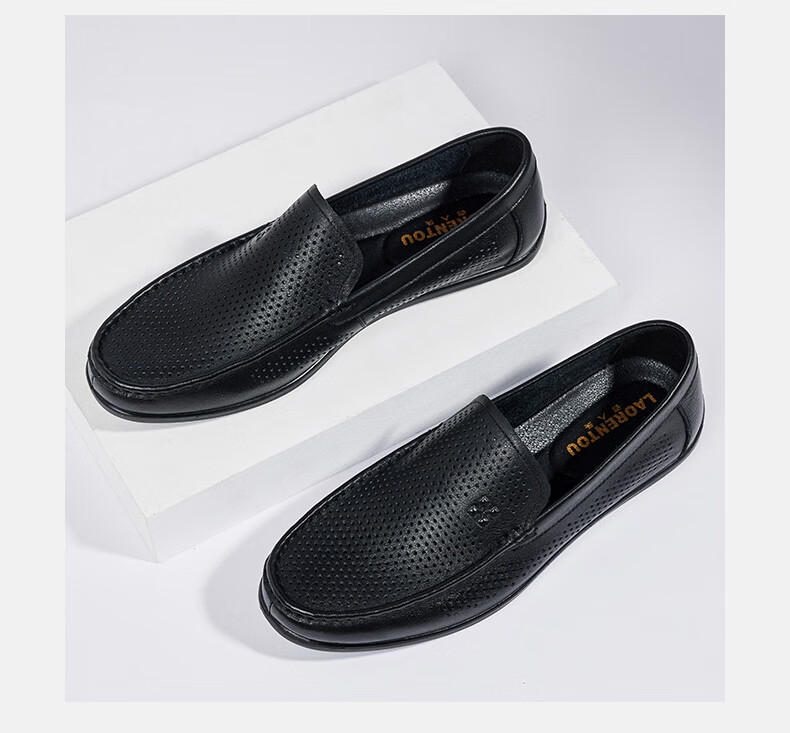 LAORENTOU Men's Leather Shoes, Business Casual Shoes, Top-Grain Cowhide Slip-Ons, Wear-Resistant Breathable Sandals, Men's Hollow Breathable Shoes, Perforated Shoes LL13190 Black 44 12