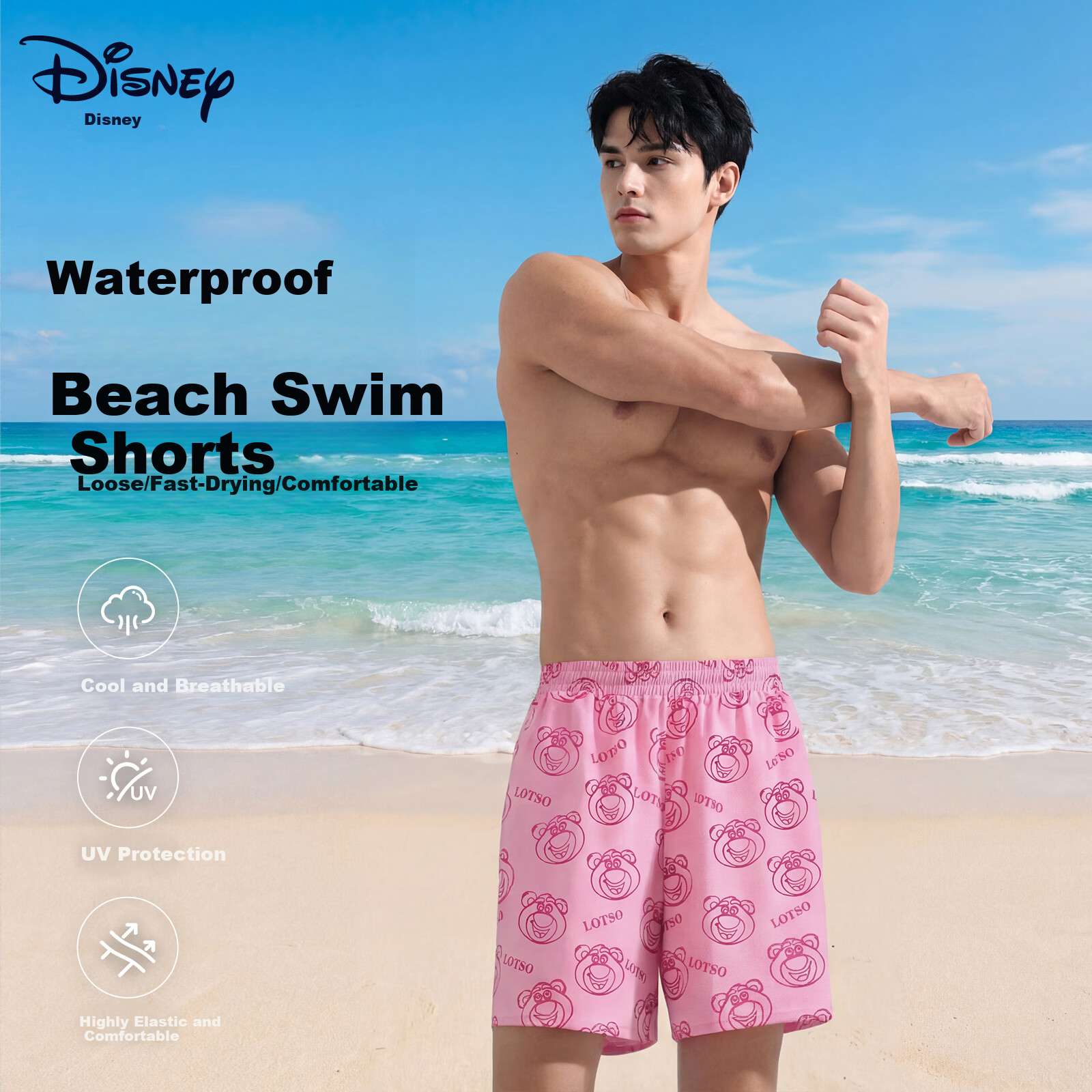 Disney Men's Swim Trunks, Swimming Equipment for Men, Beach Vacation Swimwear, D86512S2F, Pink Strawberry Bear, Size L