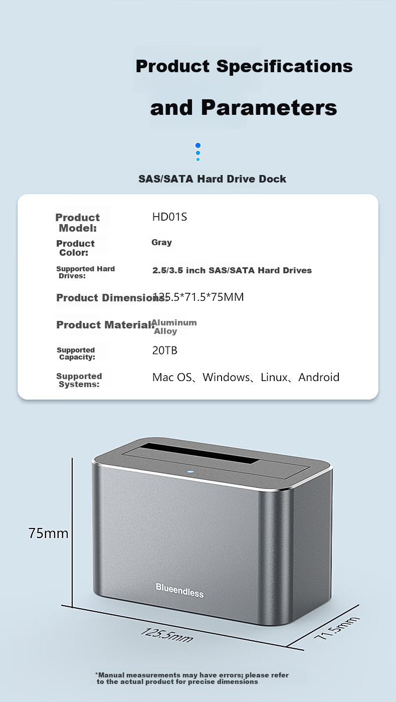 Lanshuo 2.5/3.5 Inch SAS Hard Drive Enclosure Dock USB 3.0 External SATA HDD Reader Aluminum Alloy for Desktop Laptop Server Expansion 20TB 12