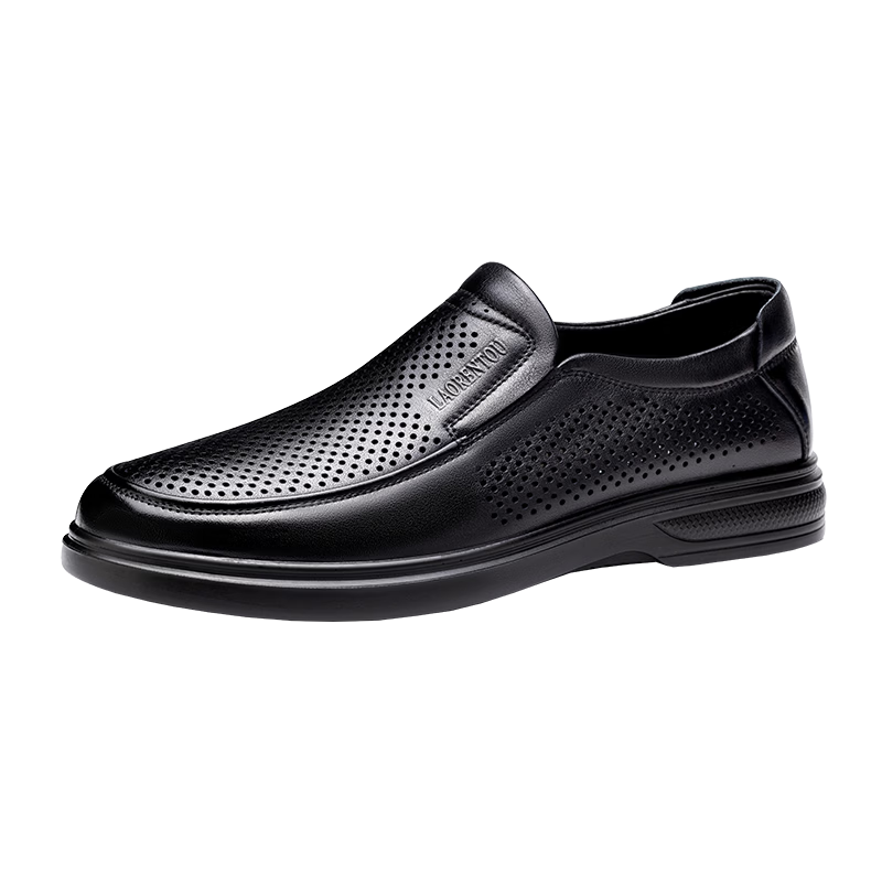 LAORENTOU Men's Leather Shoes, Summer New Style, Genuine Leather Hollow-Out Casual Shoes, Soft Sole Breathable Perforated Shoes, LL175 Black, Size 40