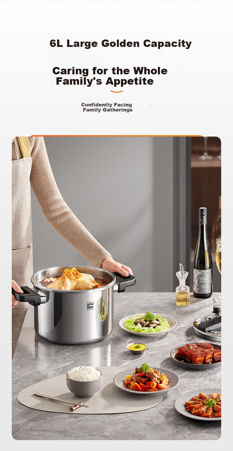 Alluflon Pressure Cooker Explosion-Proof High-Pressure Pot 304 Stainless Steel Single-Hand Open Induction Cooker Compatible 6L Household for 3-4 People 11