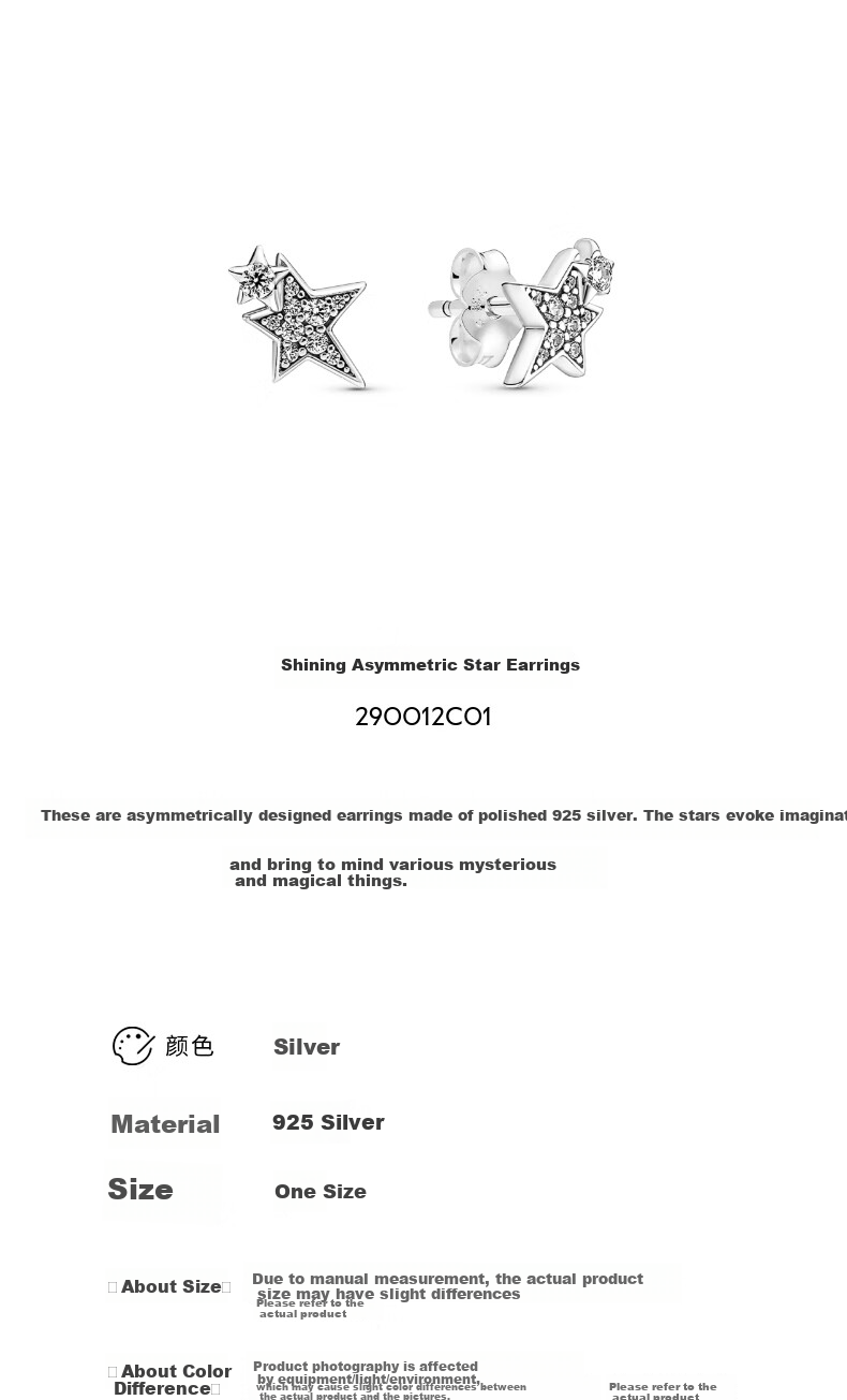 PANDORA Shining Asymmetric Star Stud Earrings 925 Silver Small Simple Fashion Birthday Gift for Girlfriend 1