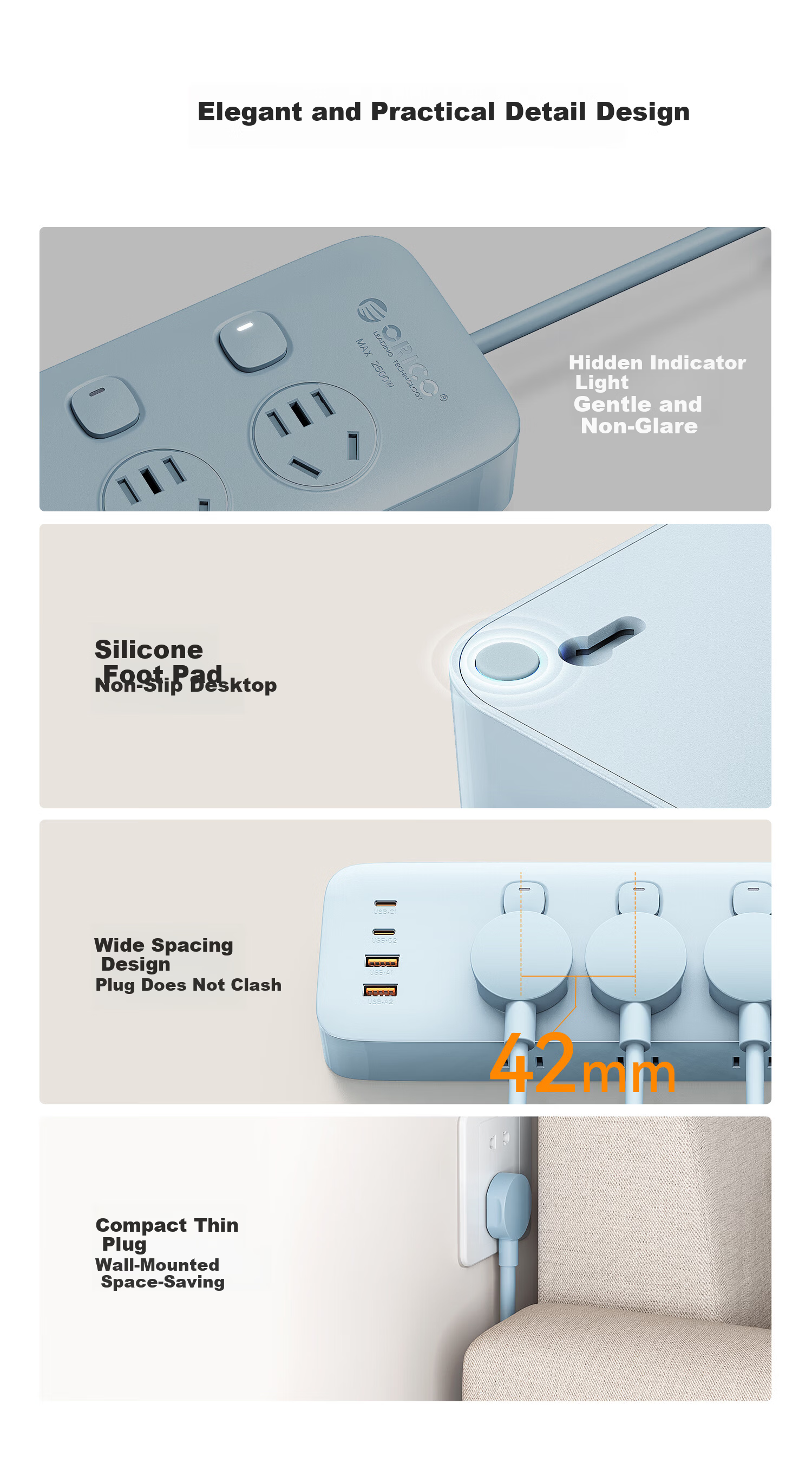 ORICO 20W Controlled Power Strip with 8 Independent Switches, USB Desktop Socket, 3C Certified, 2-Meter Cable, Blue 11