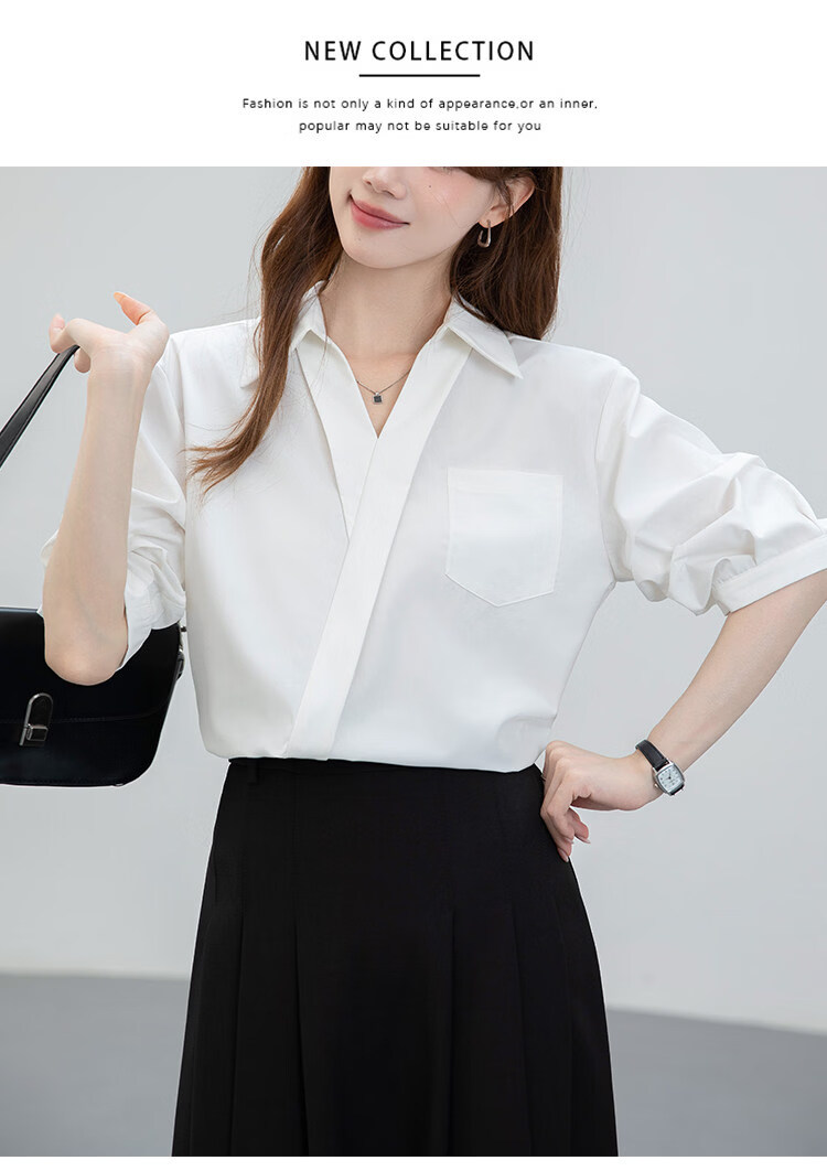 Handu Yishe Women's Short Sleeve Shirt 2026 Summer Commuting V-Neck Light Professional White Blouse M 13