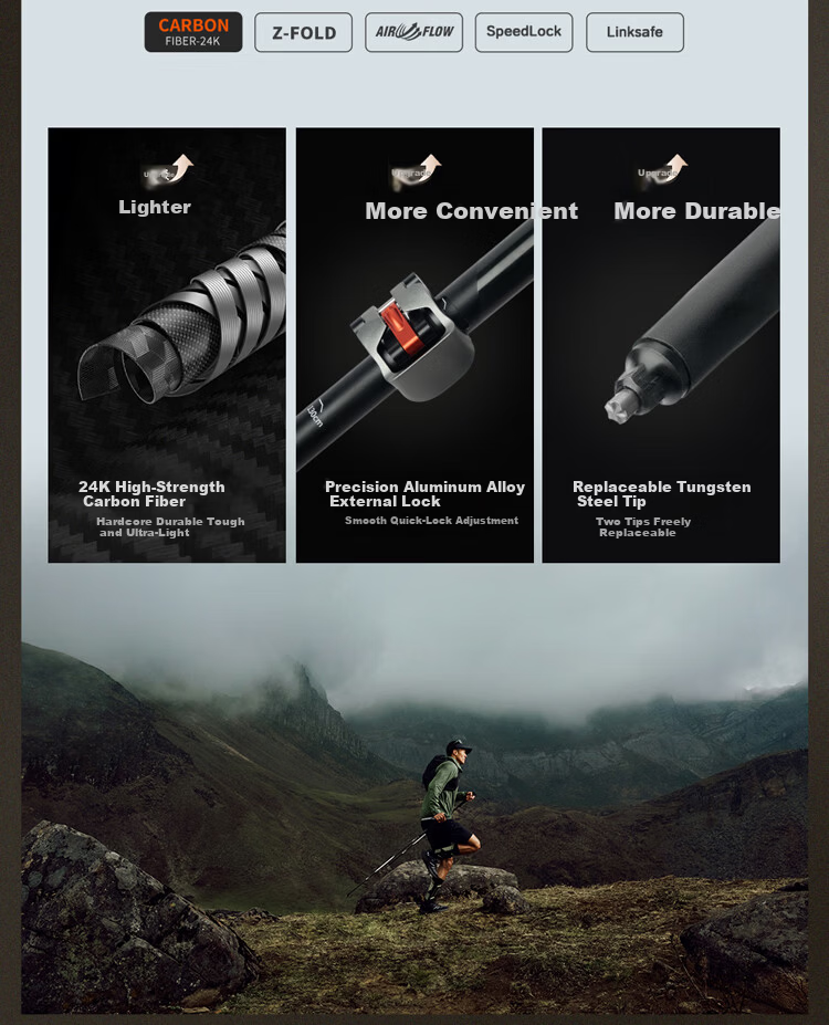 Pelliot Wing Pro Outdoor Hiking Pole T800 Carbon Fiber Telescopic Folding Trekking Stick 165036012 Black 1