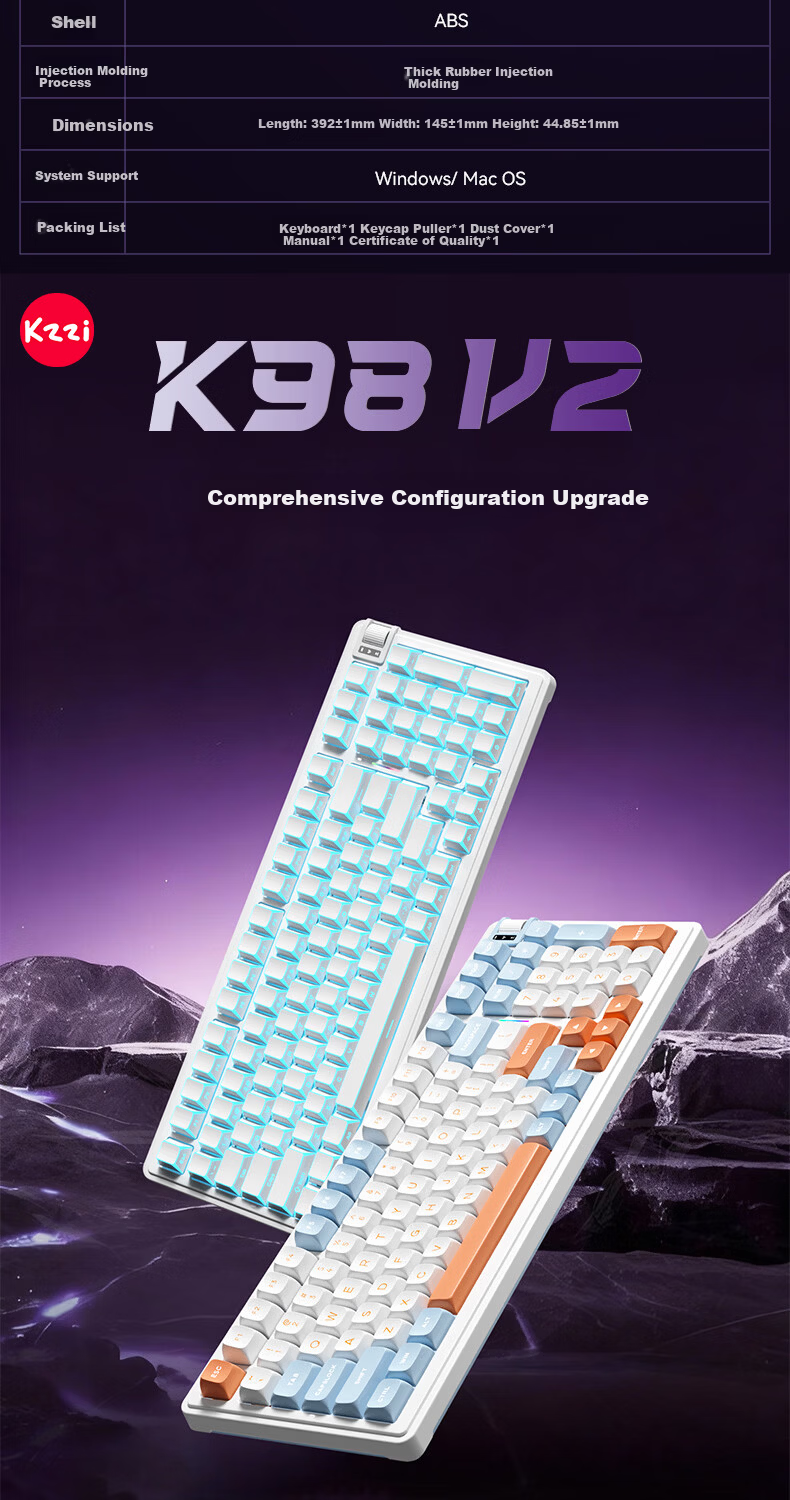 KZZI K98V2 Tri-Mode Mechanical Keyboard Wireless 2.4G Bluetooth Wired 98-Key RGB Customizable Keyboard Glacier Blue Light Feather V2 Silent Switch for Home Office Gaming 2