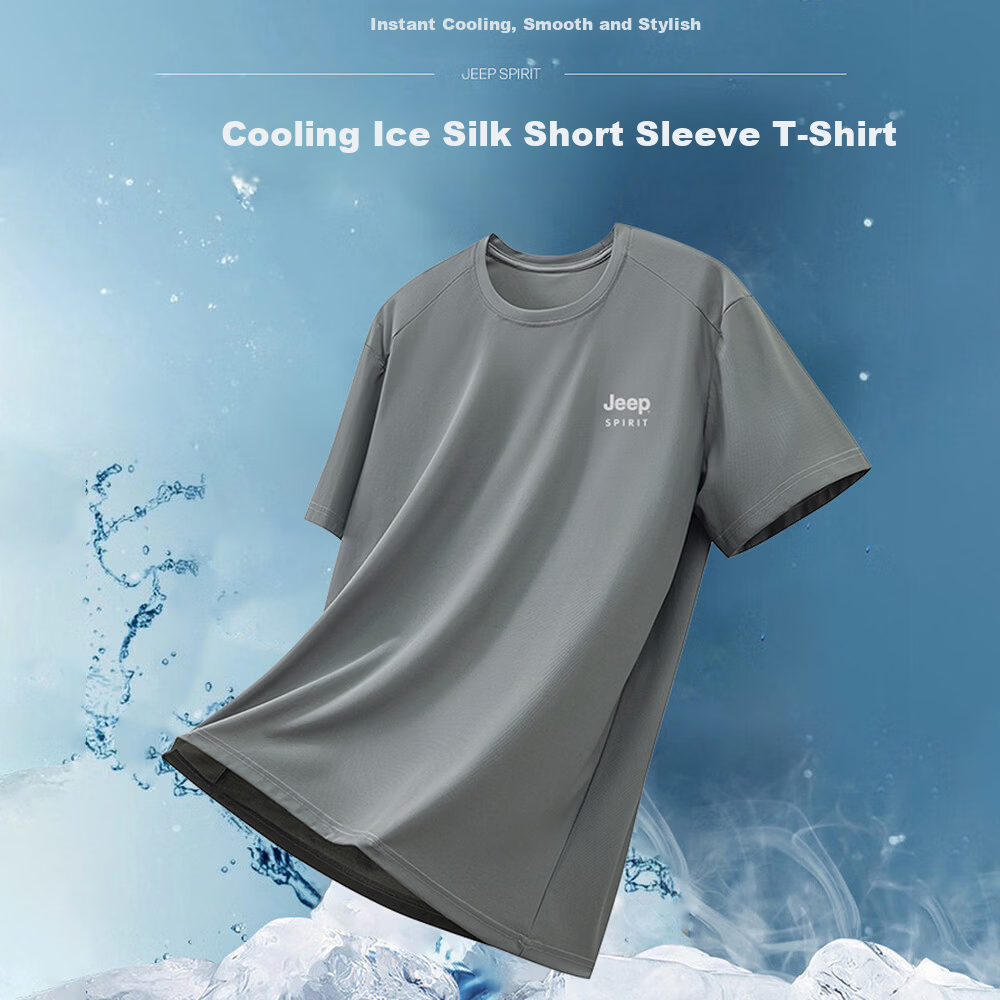 JEEP SPIRIT Men's Summer Ice Silk Quick-Dry Short Sleeve T-Shirt Running Sports Breathable Half Sleeve Top Gray 2XL