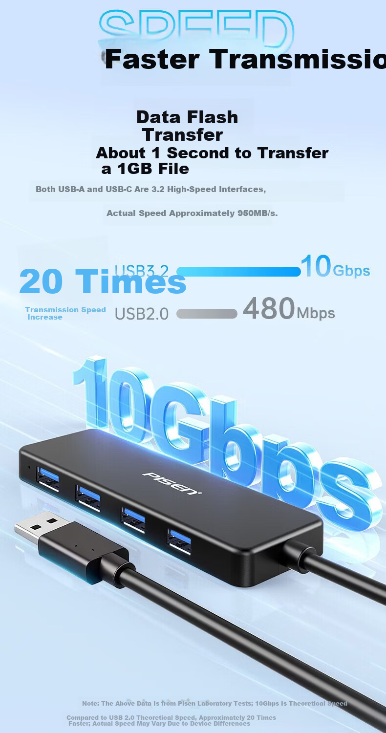 PISEN USB Hub Dock 10Gbps 4-Port High-Speed HUB Adapter for Apple MacBook and Tablet Converter 4