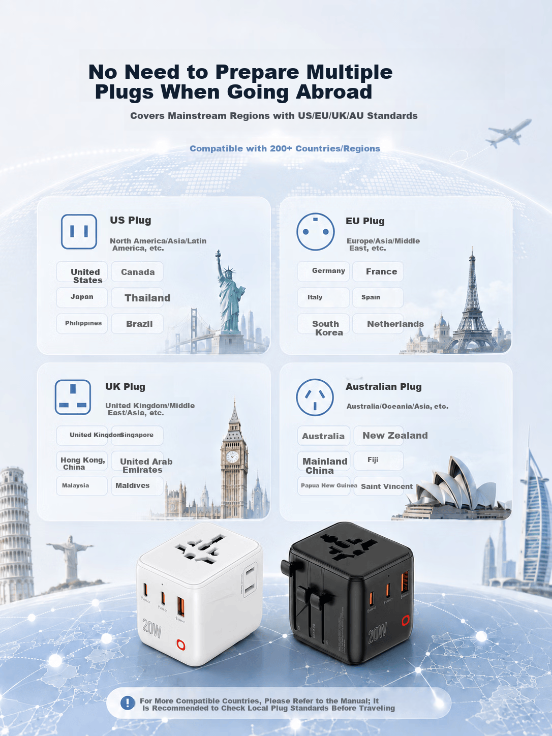 JD Global Universal Travel Adapter Multi-Country Power Socket Converter for Europe/UK/Hong Kong & Macau/USA/Japan/Malaysia 2