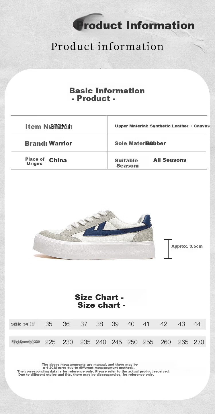 Warrior Men's Canvas Low-Top Sneakers Thick Sole Height Increasing Casual Sports Shoes 872 Beige Gray Dark Blue Size 43 2