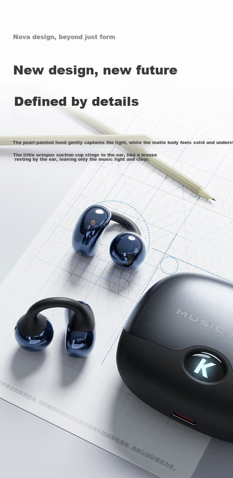 KUGOU 6.0 Bluetooth Earclip Wireless Earphones Open Bone Conduction Sports Running Music Gaming Long Battery Life Compatible with Huawei Apple Nova320 6