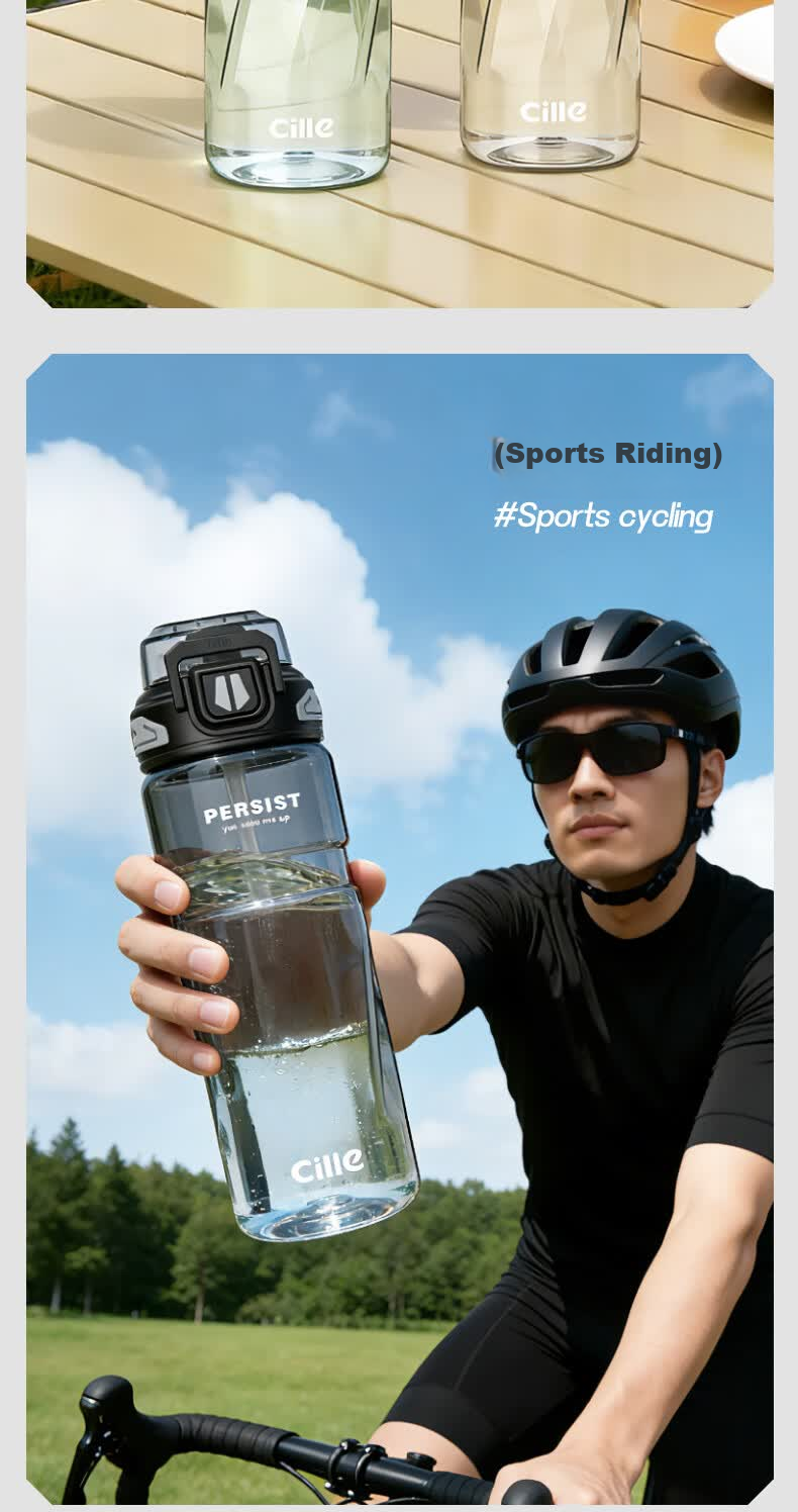 Cille Sports Water Bottle Unisex Outdoor Fitness Large Capacity Tritan High Temperature Resistant Thickened Dual-Drink Portable Cup 4