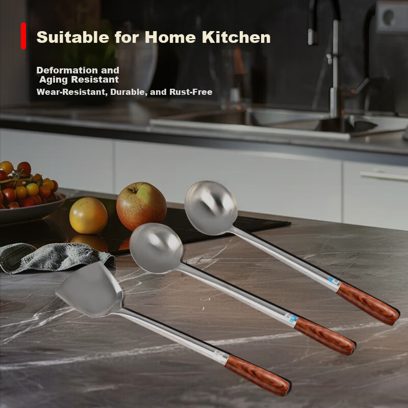 Jinwanfu Stainless Steel Commercial Cooking Wok Ladle Chef's Wooden Handle 8 Liang Hand Ladle 1 Piece 11
