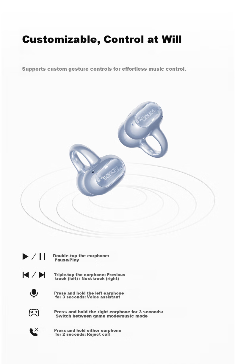 SANAG Sena S8S Ultra Ear Clip Bluetooth Headphones Bone Conduction Open-Style AI Sports Earphones Compatible with Apple Xiaomi White 20