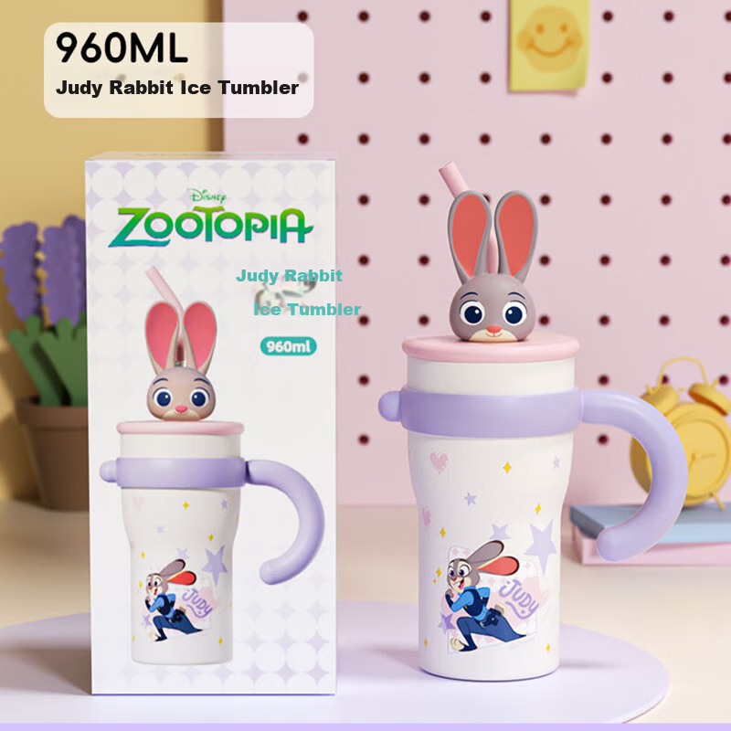 Disney Judy Hopps Jumbo Straw Insulated Water Bottle Large Capacity High-Value Portable Tumbler Birthday Gift