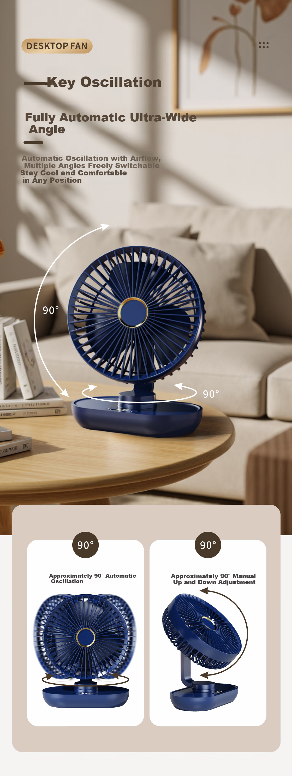 CRENOV Automatic Oscillating Desktop Mini Fan Dual Power USB Rechargeable Silent Student Dormitory Cooling Air Circulator Small Table Fan 4