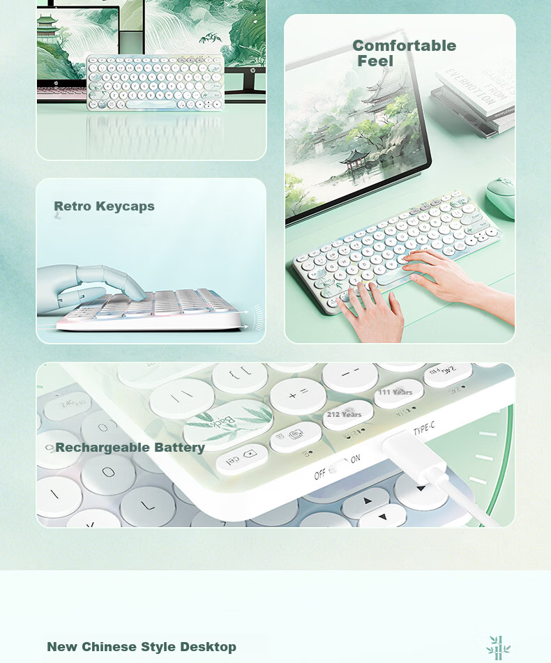 HP Wireless Bluetooth Keyboard Classic Chinese Style Three-Mode Silent Learning Office Keyboard 79-Key Portable Ultra-Thin Rechargeable Laptop Tablet Keyboard 3