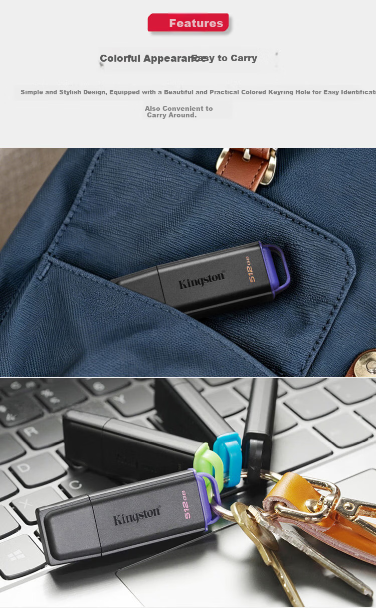 Kingston 256GB USB 3.2 Gen 1 Flash Drive DTXG2 High Capacity Multi-Color Keychain Lightweight Portable USB Drive for Study Office Bidding Computer Car Use 4