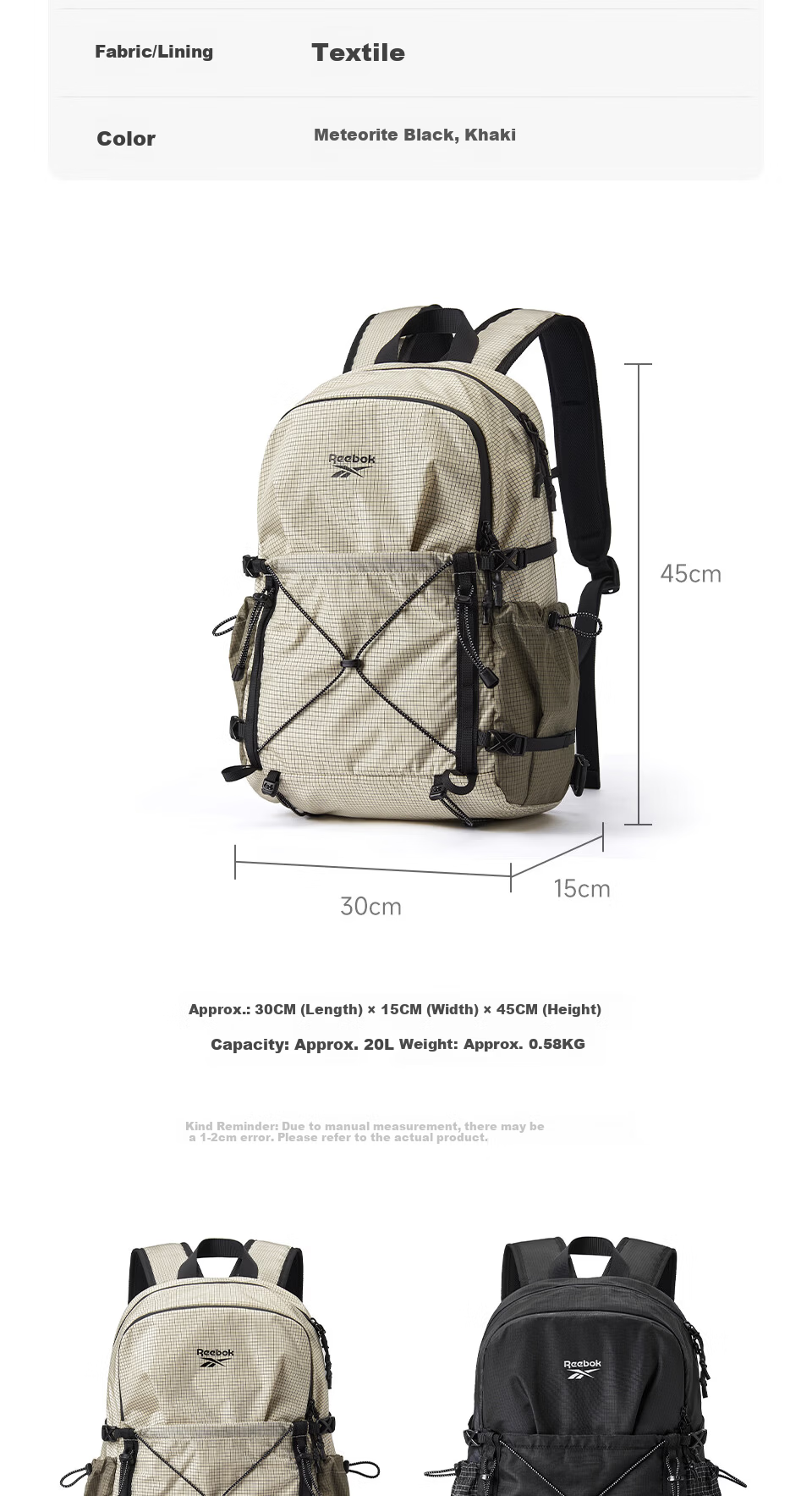 Reebok Lightweight Sports Hiking Backpack Men 2026 New Large Capacity Outdoor Double Shoulder Bag Women Khaki 2