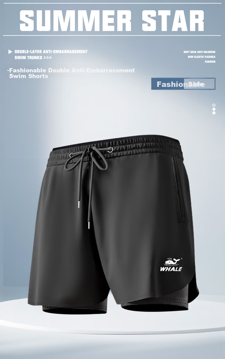SPRING SWHALE Men's Double-Layer Swim Trunks Anti-Embarrassment Chlorine-Resistant Pool Beach Large Size Men's Swimwear Hot Spring Shorts 1