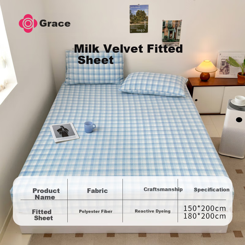 Grace Class A Milk Velvet Fitted Sheet Single Winter Thickened Non-Slip Warm Anti-Dirt Mattress Protector Berlin Blue 1.5m
