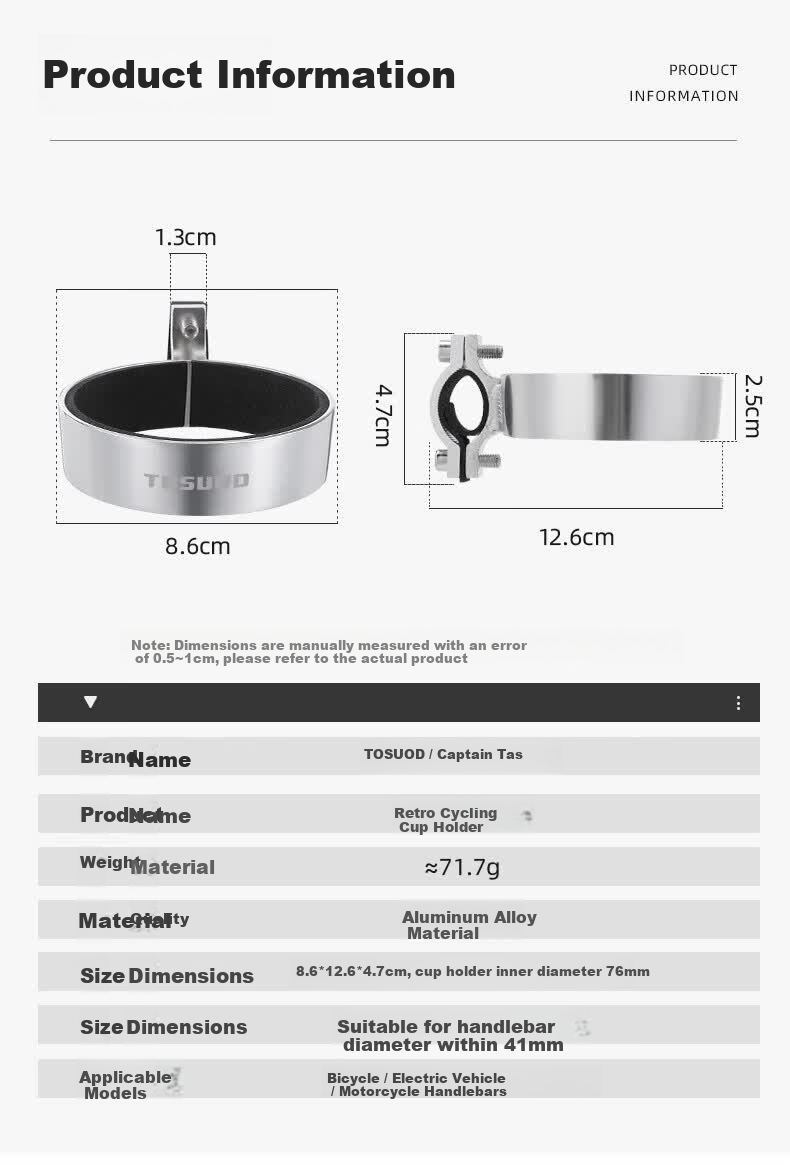 Tas Captain Bicycle Coffee Cup Holder Adjustable Aluminum Alloy Handlebar Water Bottle Holder Black 2