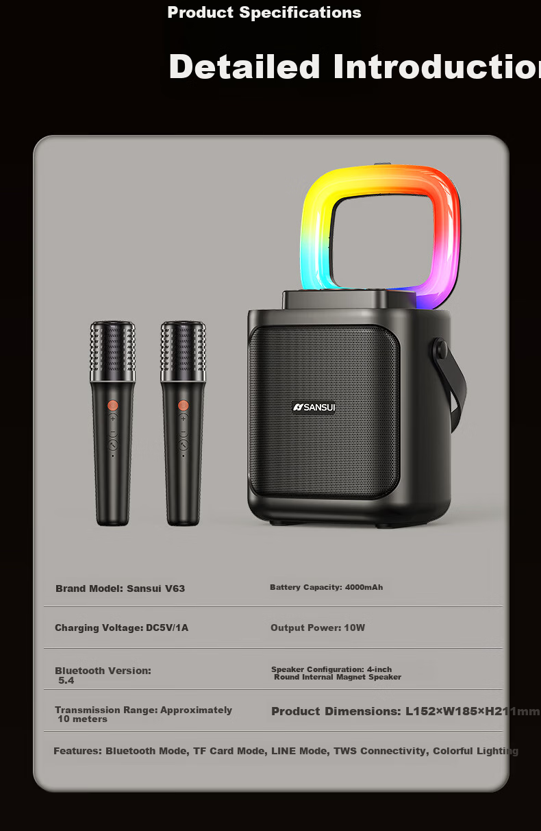 SANSUI Portable Microphone KTV Speaker All-in-One Wireless Bluetooth Outdoor Karaoke Amplifier Home KTV V63 Single Microphone Version 12