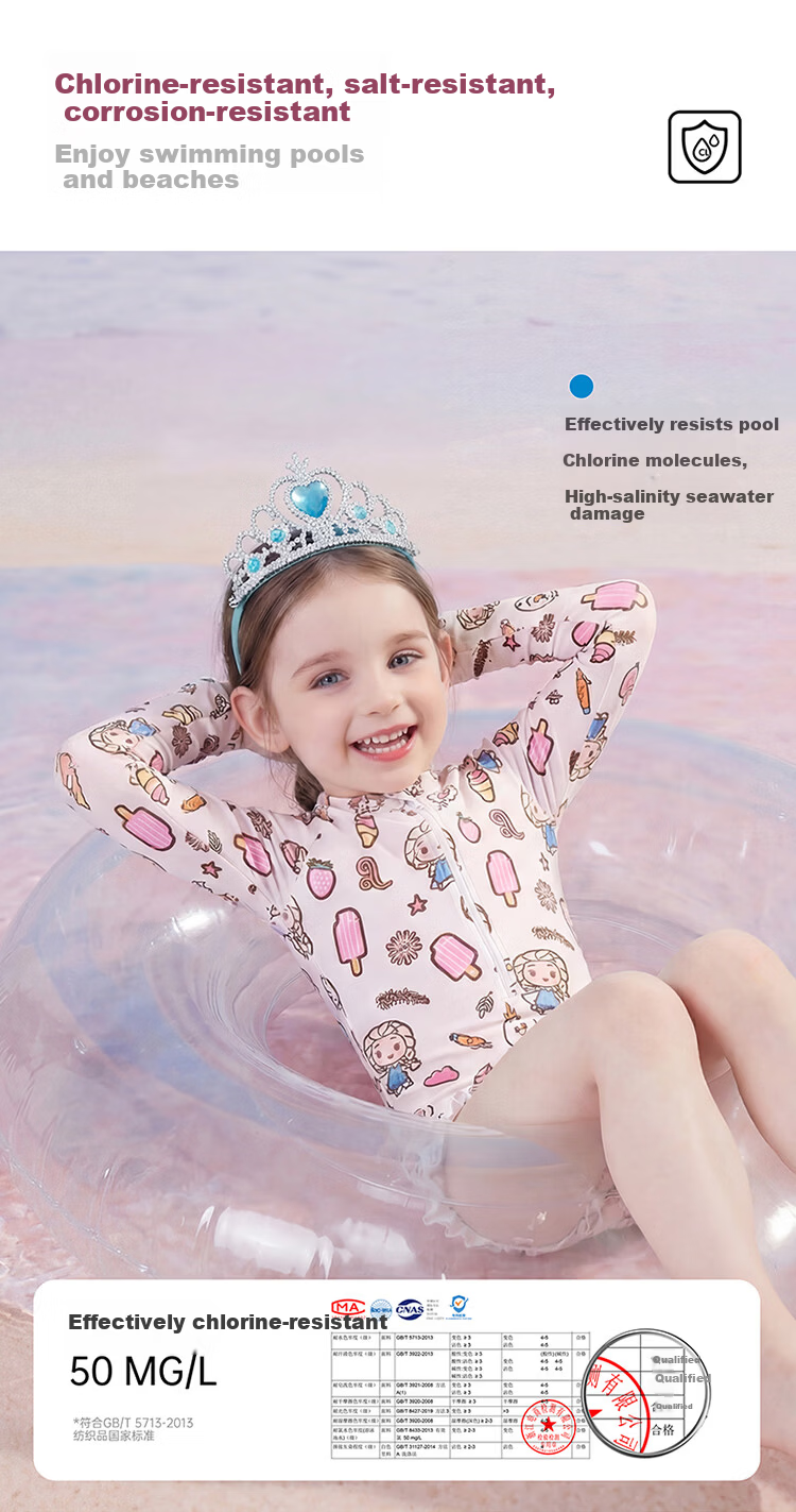 Disney Girls' Long Sleeve One-Piece Swimsuit Sun Protection Sweet Little Princess Swimwear Kids D36629S2F White 120 1