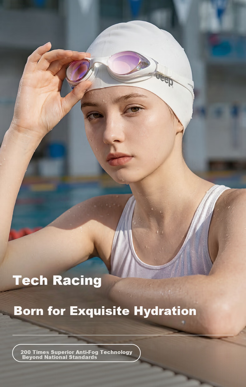 JEEP Women's HD Anti-Fog Waterproof Professional Prescription Swimming Goggles and Swim Cap Set - Manxi White 400 1