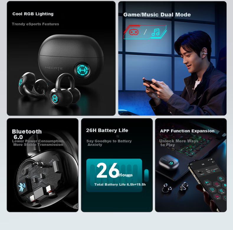 EDIFIER HECATE CP2 2026 Latest Bone Conduction and Air Conduction Bluetooth Gaming Ear Clip Wireless Open-Ear Sports Running E-Sports Headphones Gray 3