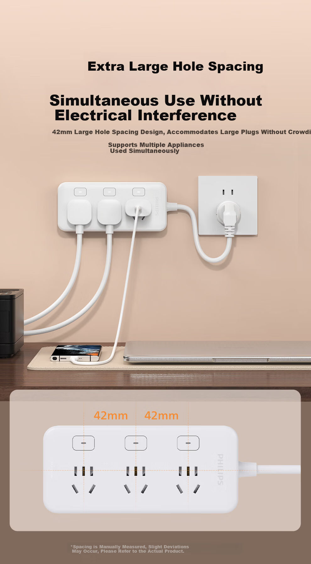 PHILIPS 3-Outlet Independent Switch Short Extension Power Strip 0.2m Kitchen Socket Multi-Outlet Power Board 6