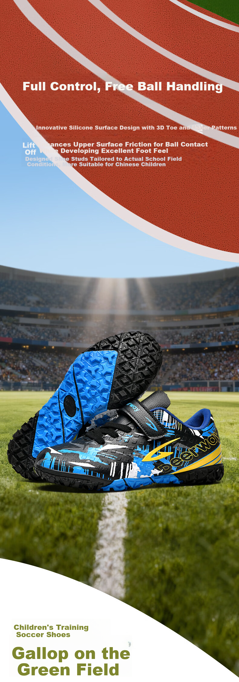 Delhui Kids Soccer Shoes TF Turf Studs 6-12 Years Old Slip-On School Grass Football Training Black Blue Yellow Size 32 3