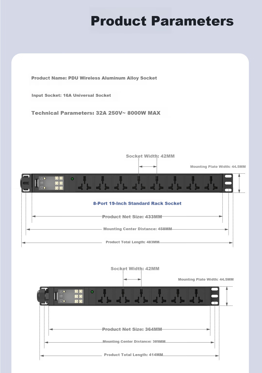 Lengon Wireless PDU Cabinet Socket 32A 8000W Self-Wiring Power Strip 8-Port 6mm² Extension Board High-Power Engineering Server Room Weak Current Box Extension Cord 10