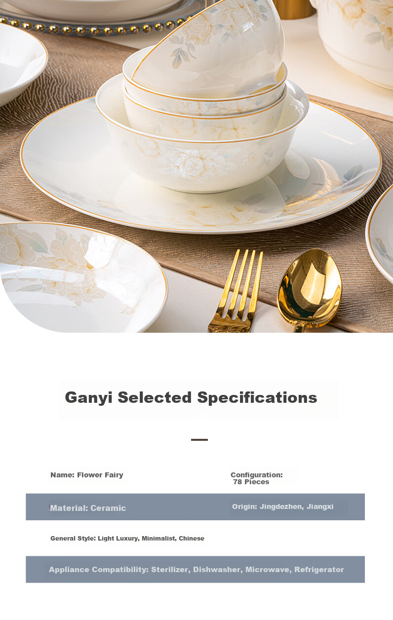 Ganyi Jingdezhen 78-Piece Dinnerware Set, Complete Bowl And Plate Set for Home Use, Chopsticks Included, Housewarming Gift 4