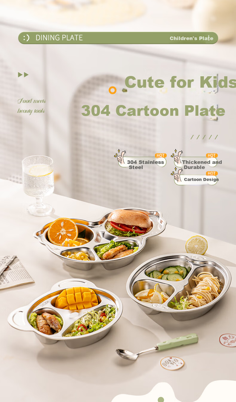 Guangyi 316 Stainless Steel Children's Divided Plate, Baby Home Use Four-Compartment Plate for Boys, Kindergarten Tableware GY1377 1
