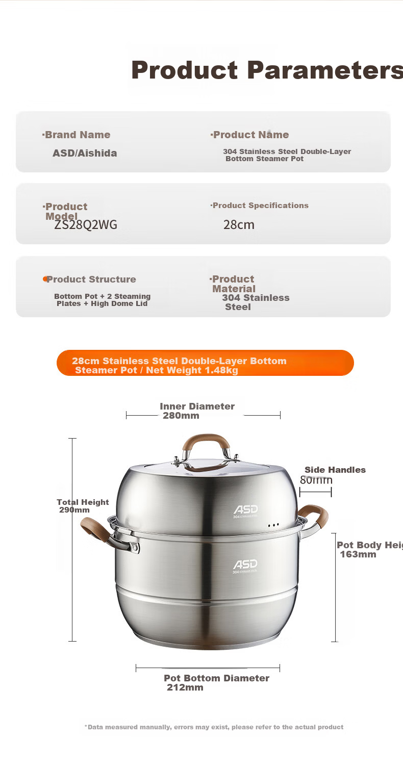 ASD Steamer Pot, Whole Pot 304 Stainless Steel Double-Layer Household Steaming And Cooking Pot, 28CM Multi-Layer Enlarged Non-Stick Steamer Q2 13