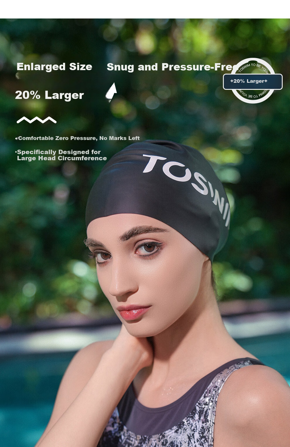 TOSWIM Eco-Friendly Silicone Swim Cap Comfortable Non-Tight Ear Protection Long Hair Waterproof Pool Swimming Cap Ink Shadow White Lettering 3