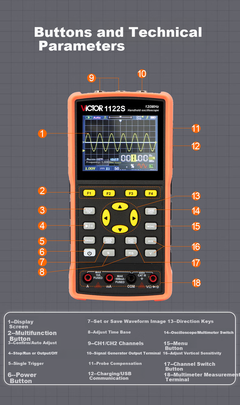 VICTOR VC1122S Handheld Digital Oscilloscope Portable Multimeter 3-in-1 Signal Generator for Home Use 7