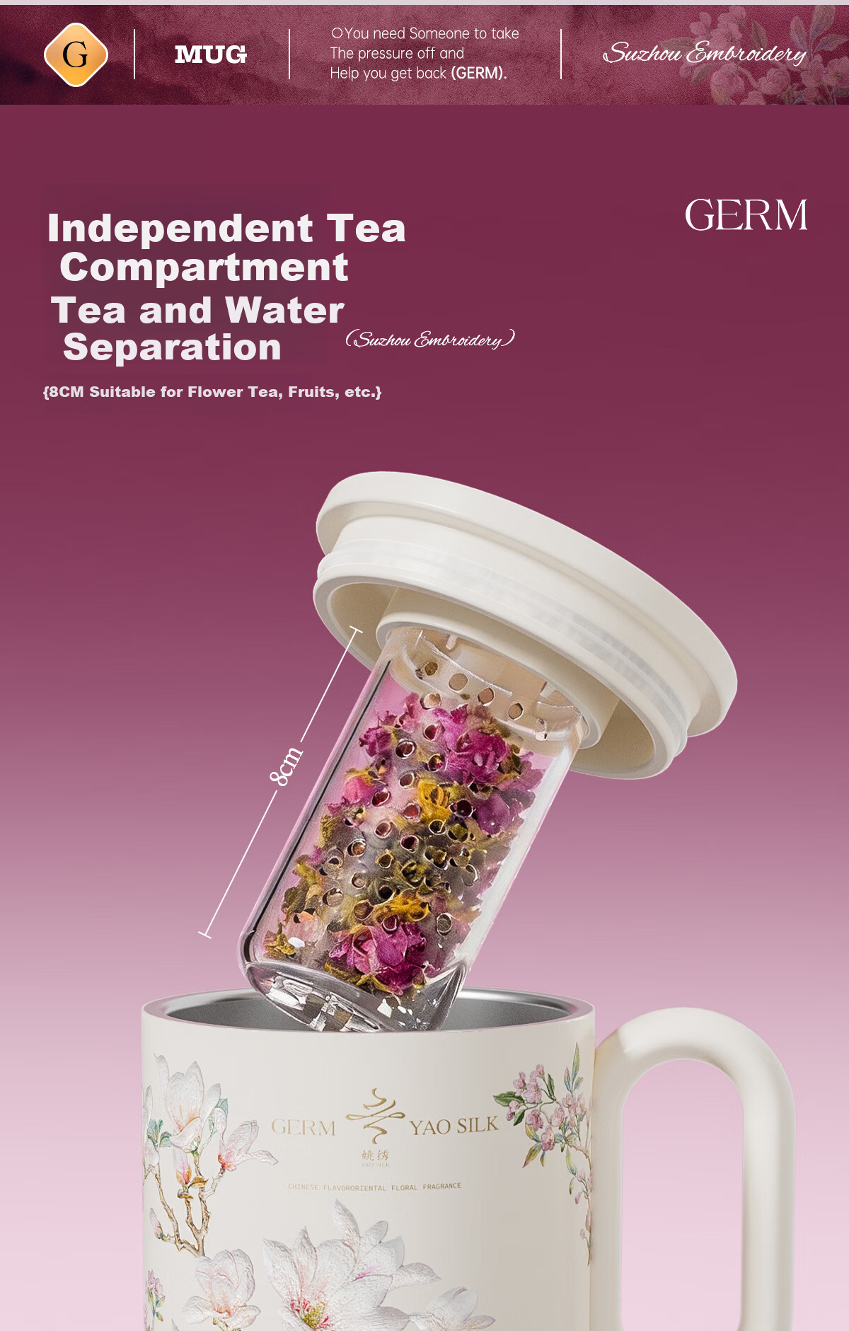 Germ Intangible Cultural Heritage Su Embroidery Mark Insulated Mug High-Value Office Water Cup Tea Cup Women's Gift Cup 450ML Magnolia 6