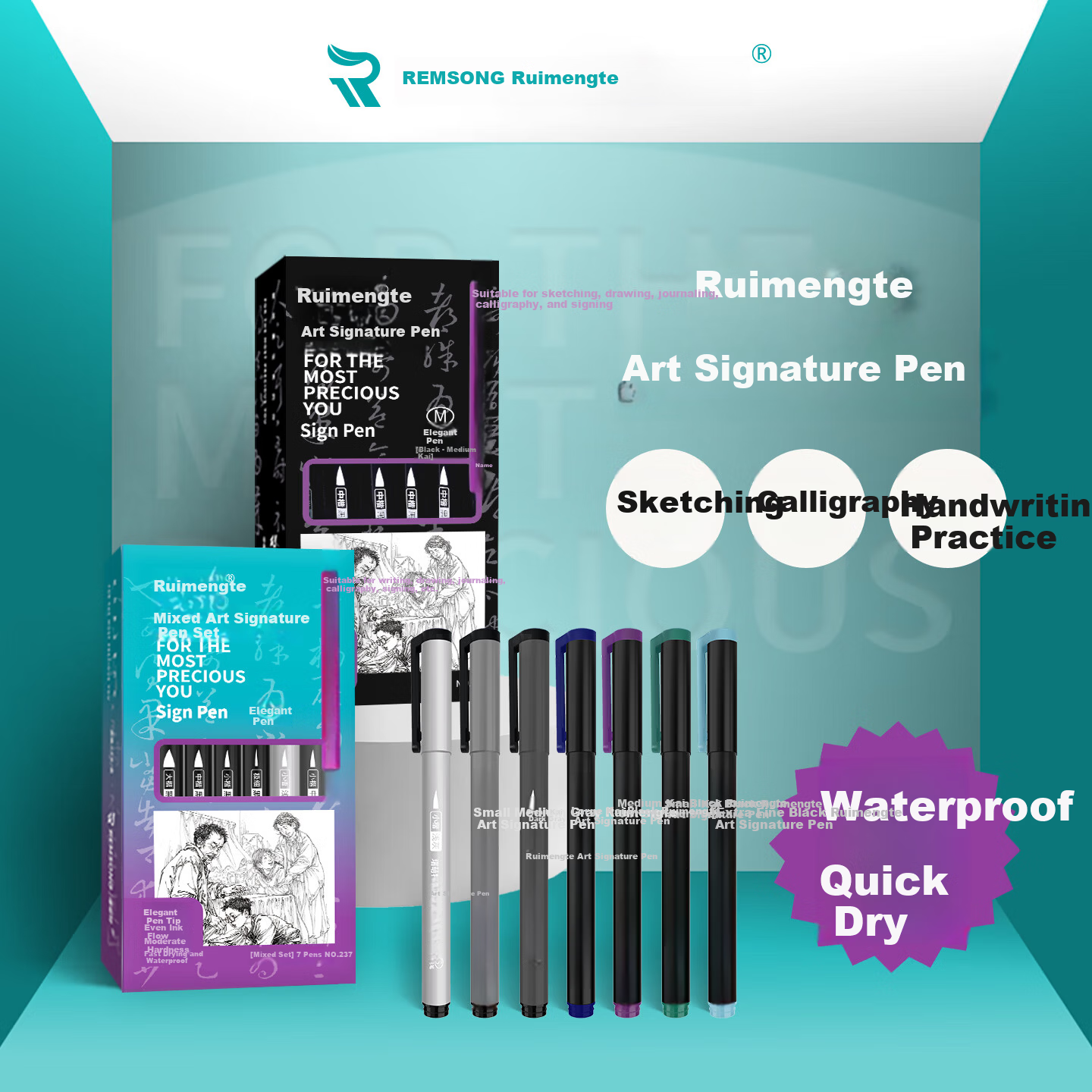 Ruimengte Signature Pen Set - Black and Gray Fine Line Art Sketching Pens for Beginners, Calligraphy, and Journaling, Mixed Pack of 7 Pens (Small, Medium, Large)