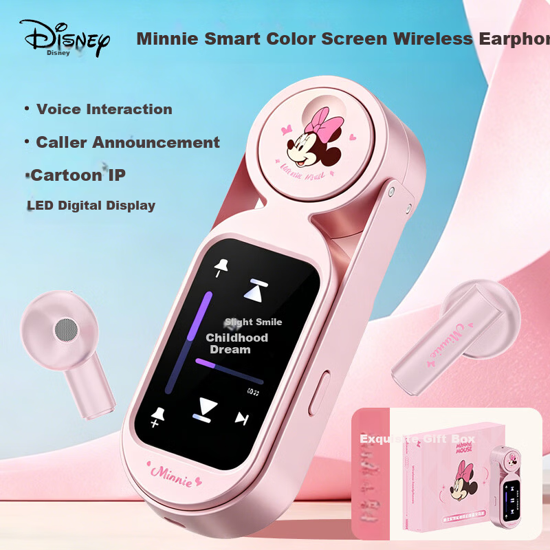 Disney Semi-In-Ear Wireless Bluetooth Earphones with Long Battery Life, Multifunctional Touchscreen, Digital Display, Alarm Clock, Call, Wallpaper, Gaming, Photography - Birthday Gift for Students and