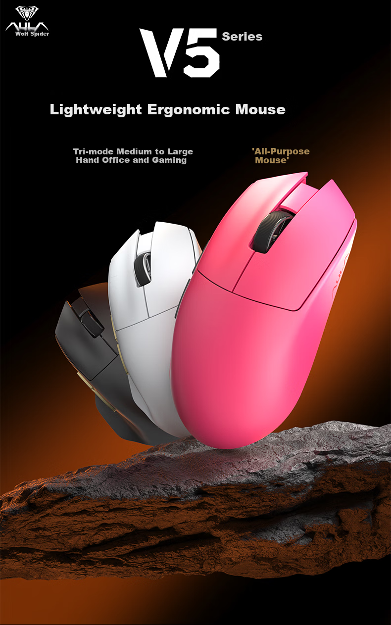 AULA V5 Mouse Large Medium Hand Wired/Wireless 2.4G/Bluetooth Tri-Mode Right-Handed Ergonomic Gaming Office PAW3311 Bauhinia Red 2