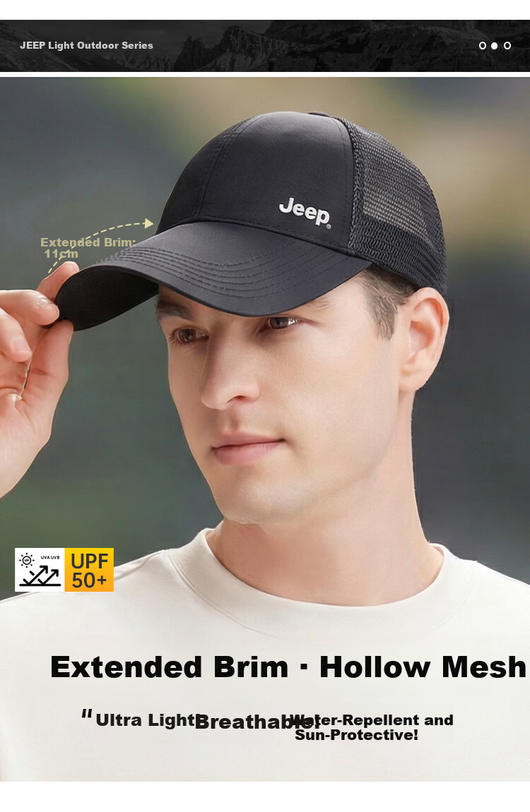 JEEP Men's Summer Quick-Dry Extended Brim Baseball Cap Women's Water-Repellent Duckbill Breathable Mesh Sunshade Hat 1