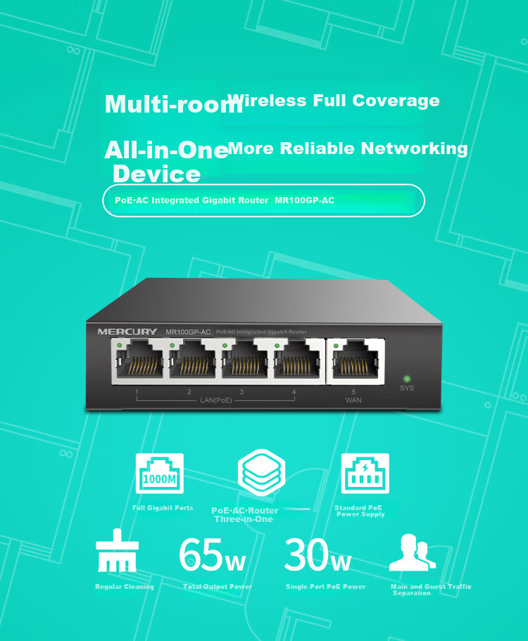 MERCURY PoE Powered AP Management Integrated Enterprise Router 5 Gigabit Ports MR100GP-AC 1