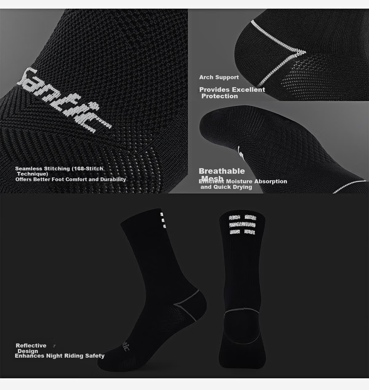 Santic Reflective Cycling Socks Breathable Sweat-Wicking Outdoor Sports Socks Qimen Black L/XL 7