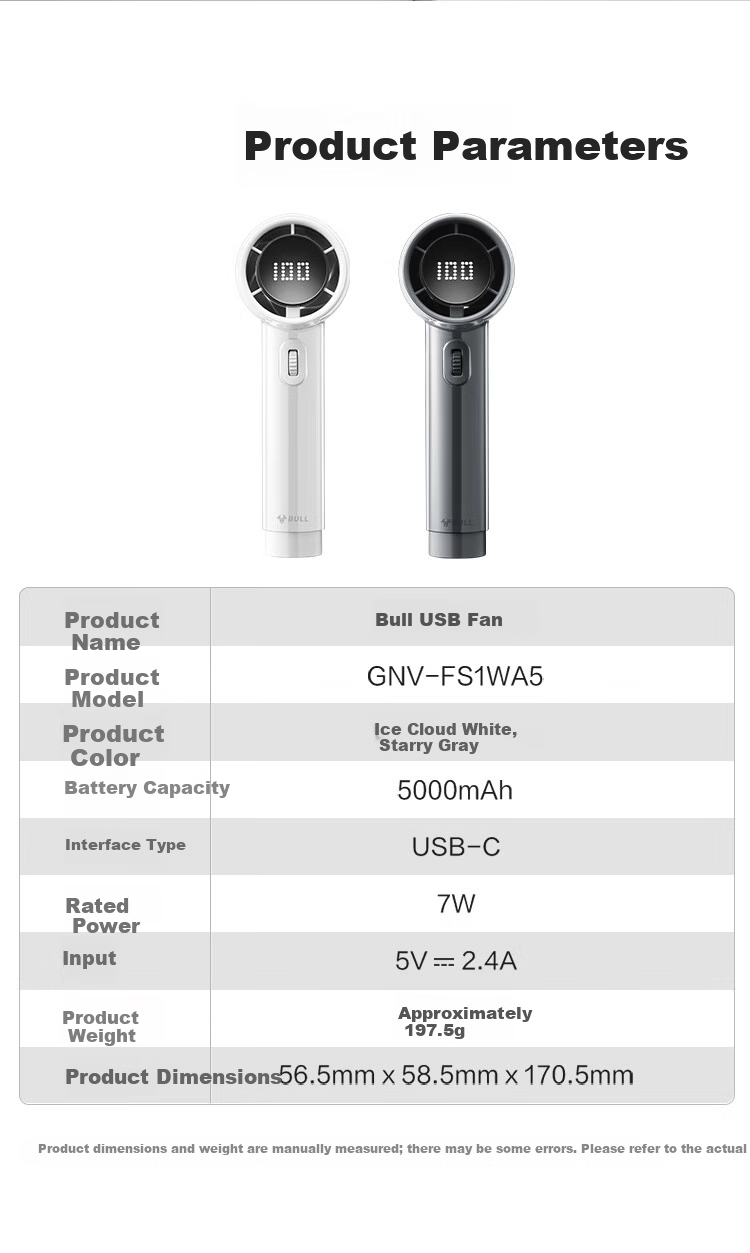Bull Handheld Bladeless USB Fan [3C Certified Battery] 5000mAh Stepless Speed Adjustable Mini Portable Turbo Electric Fan Rechargeable Starry Gray 12