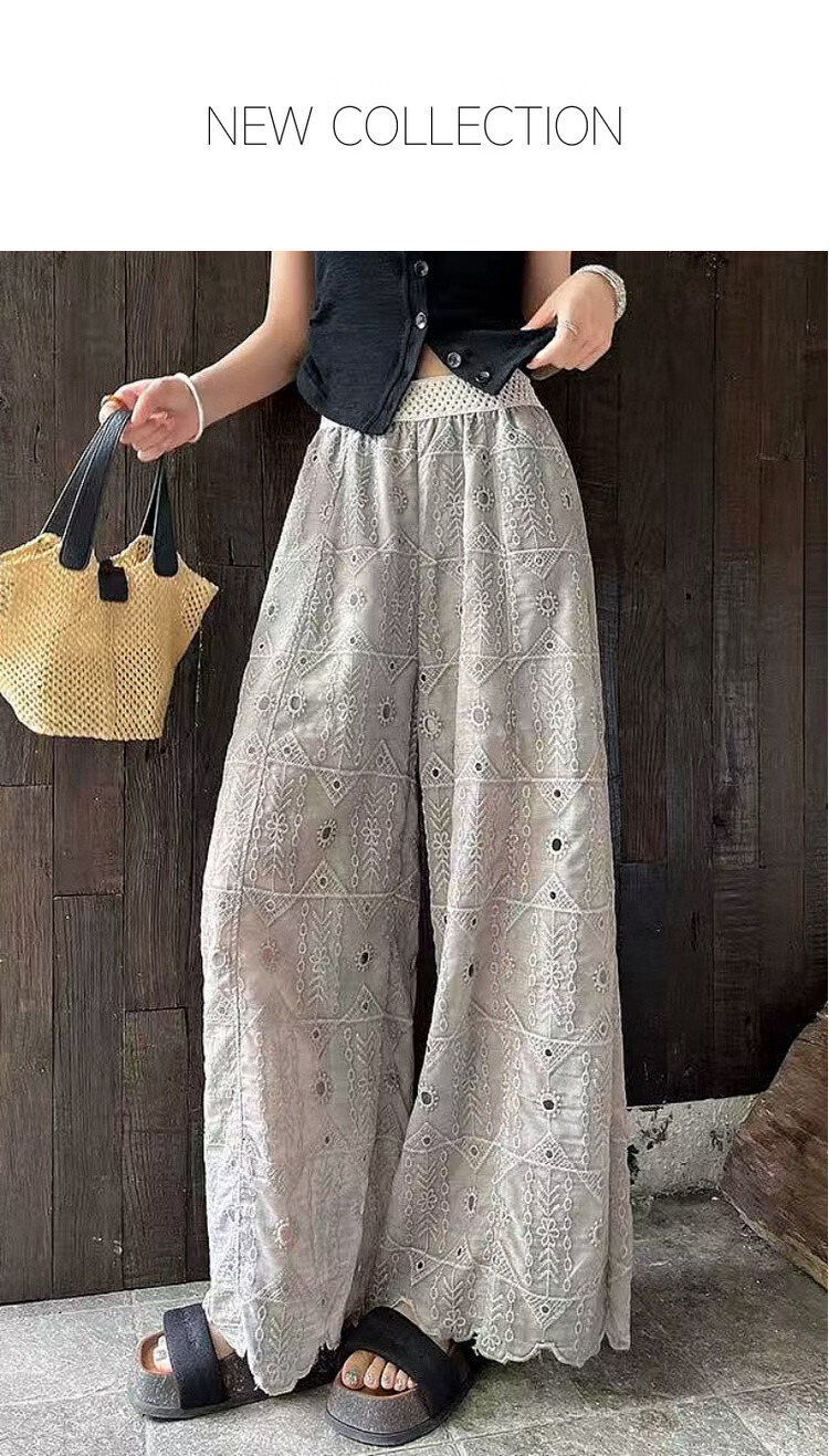 Demana Urban Light Vintage Embroidered Mesh Elastic Waist High-Waist Straight-Leg Slimming Casual Pants for Women 1