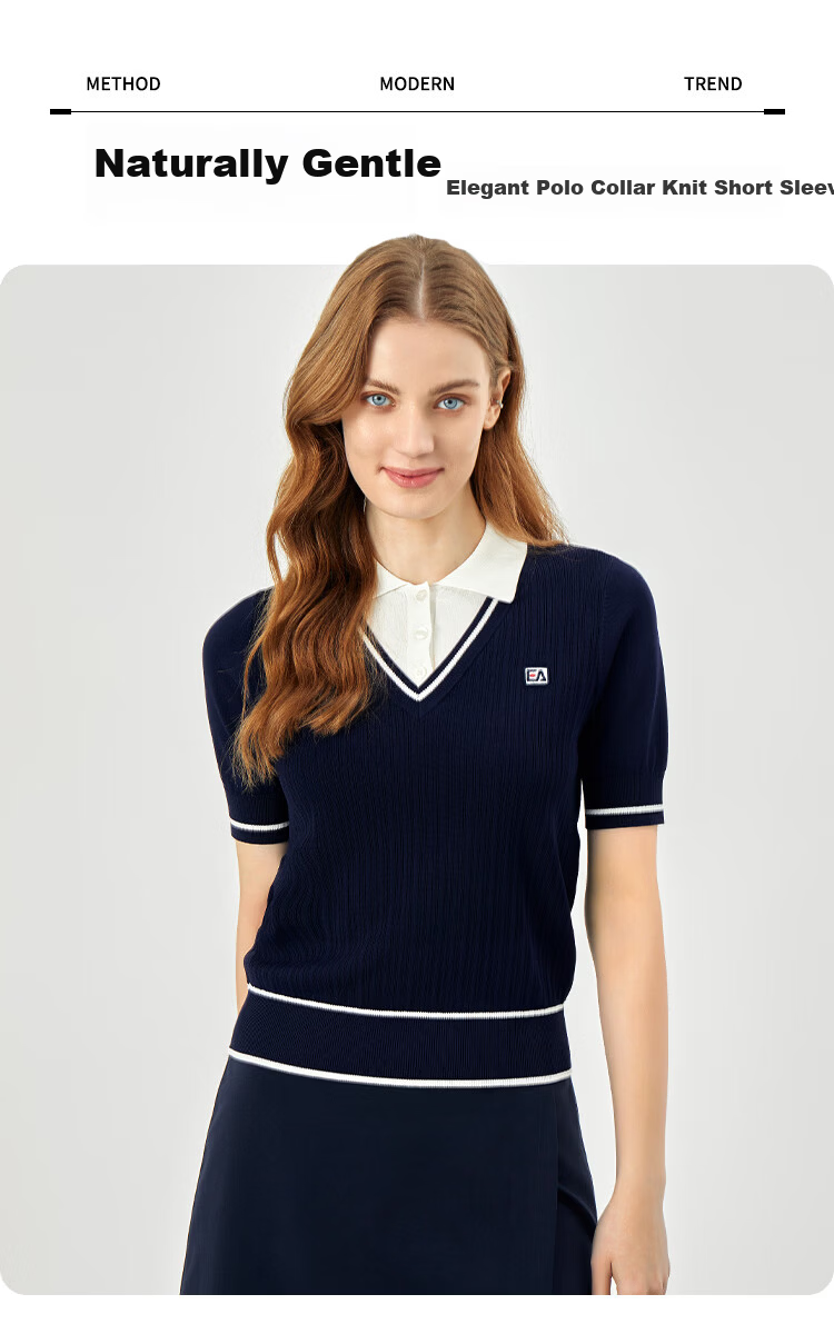 ELLE ACTIVE Women's Fashion Knitwear Casual Summer Striped V-Neck Short Sleeve T-Shirt, False Two-Piece, Blue, Size S 1