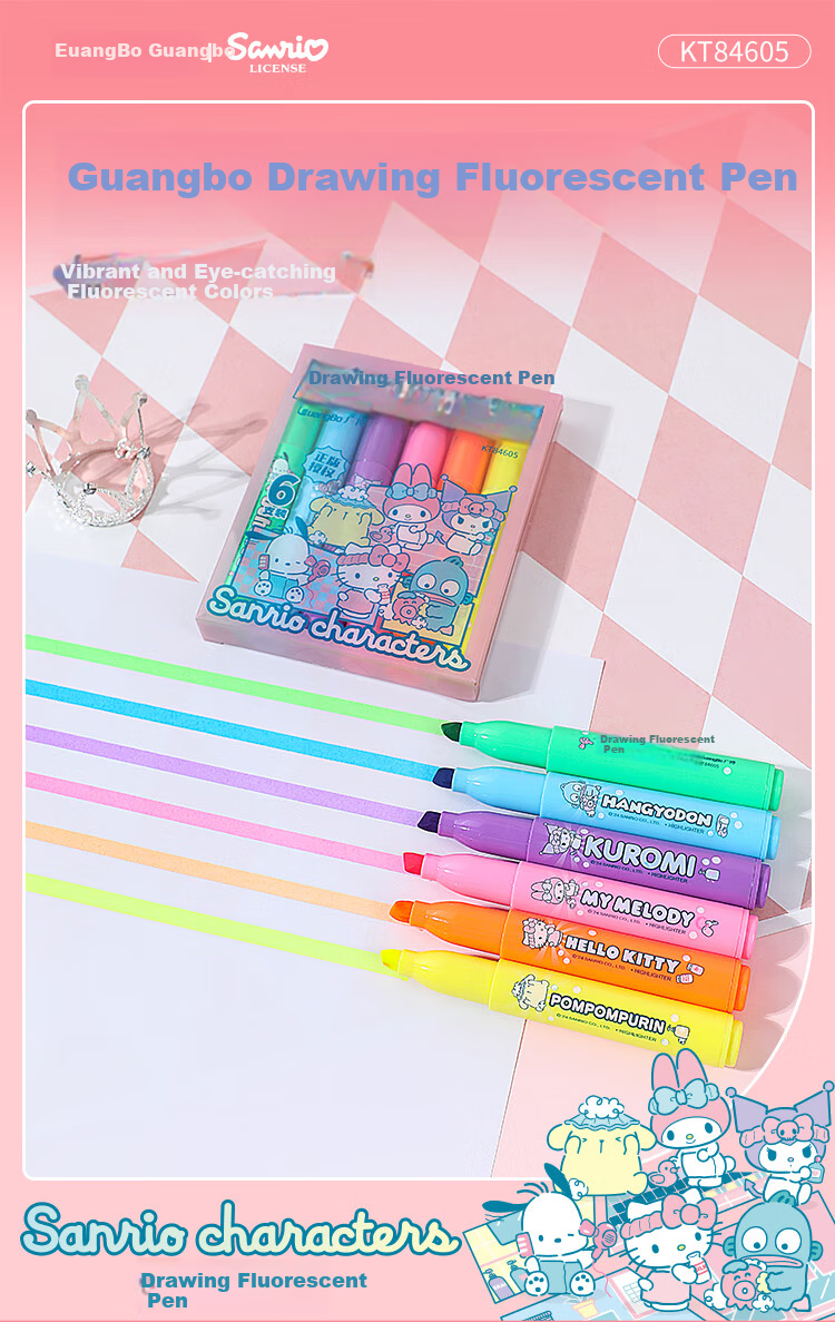 GuangBo & Sanrio Large Capacity Highlighter Pens, 6 Colors, Student Note-Taking Markers, Journaling Pens, Doodle Pencils, KT84591 1