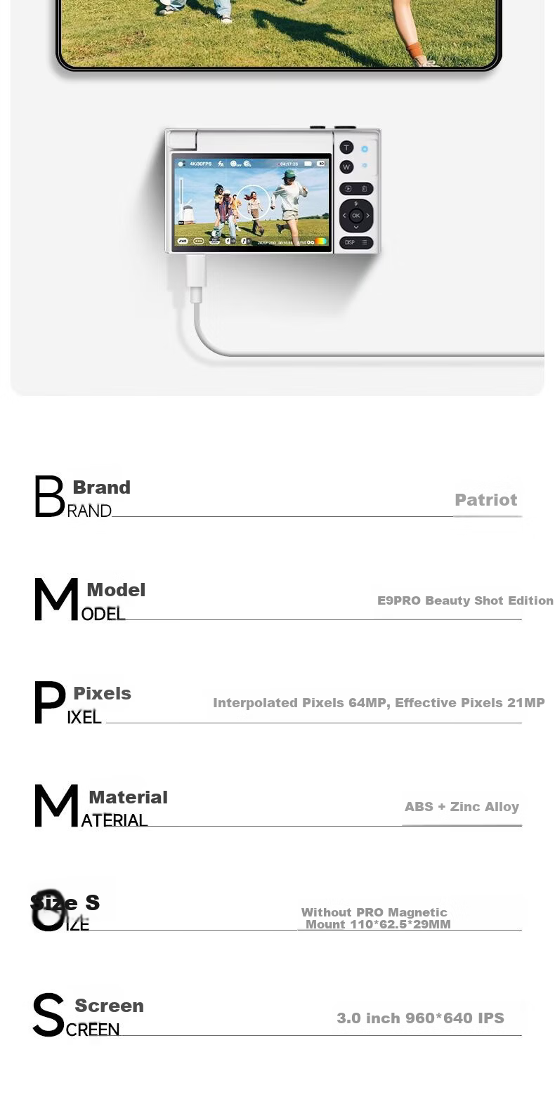 Patriot D9/E9PRO Flip Screen Selfie Student Digital Camera Birthday Gift for Girls Entry-Level Campus HD Travel Alternative CCD White 128GB Children's Day Gift 18